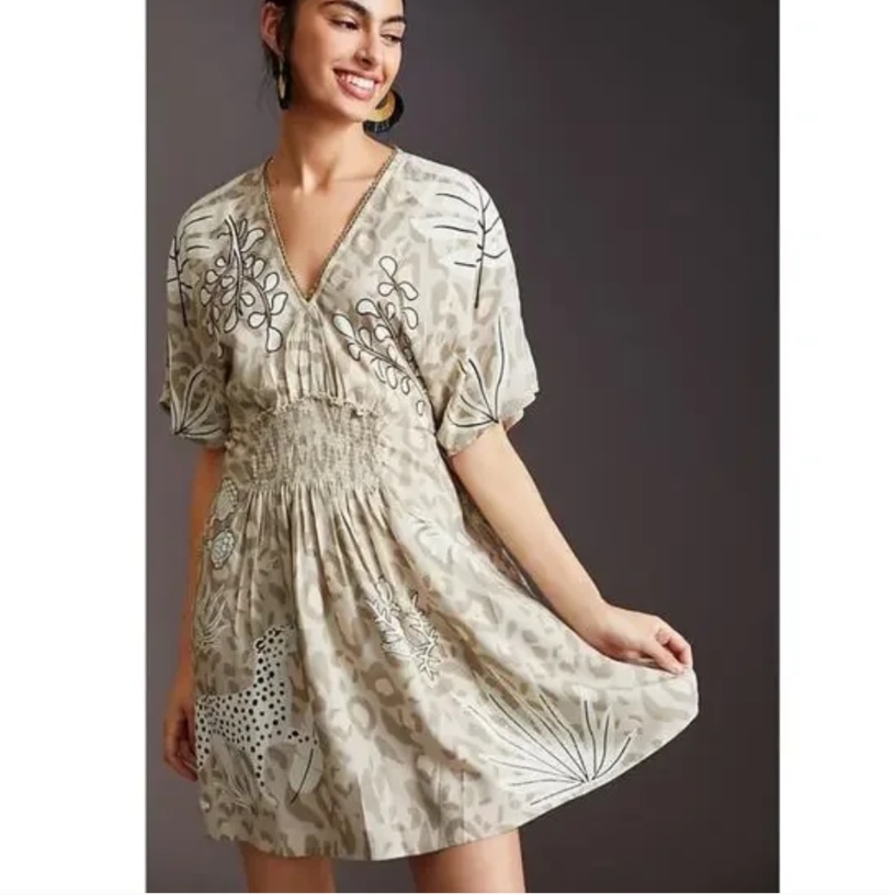 EUC Anthropologie Bl^NK Kaftan Mini Dress Leopard Print V-Neck Cream Bei…